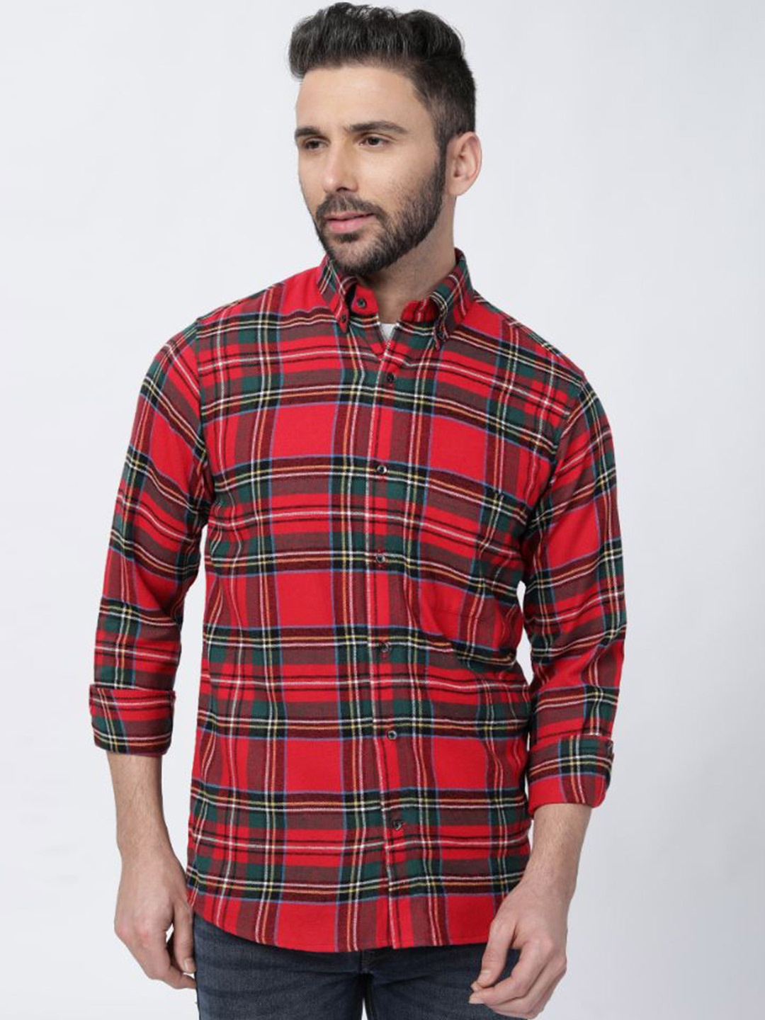

FRENCH CROWN Tartan Checks Twill Cotton Casual Shirt, Red