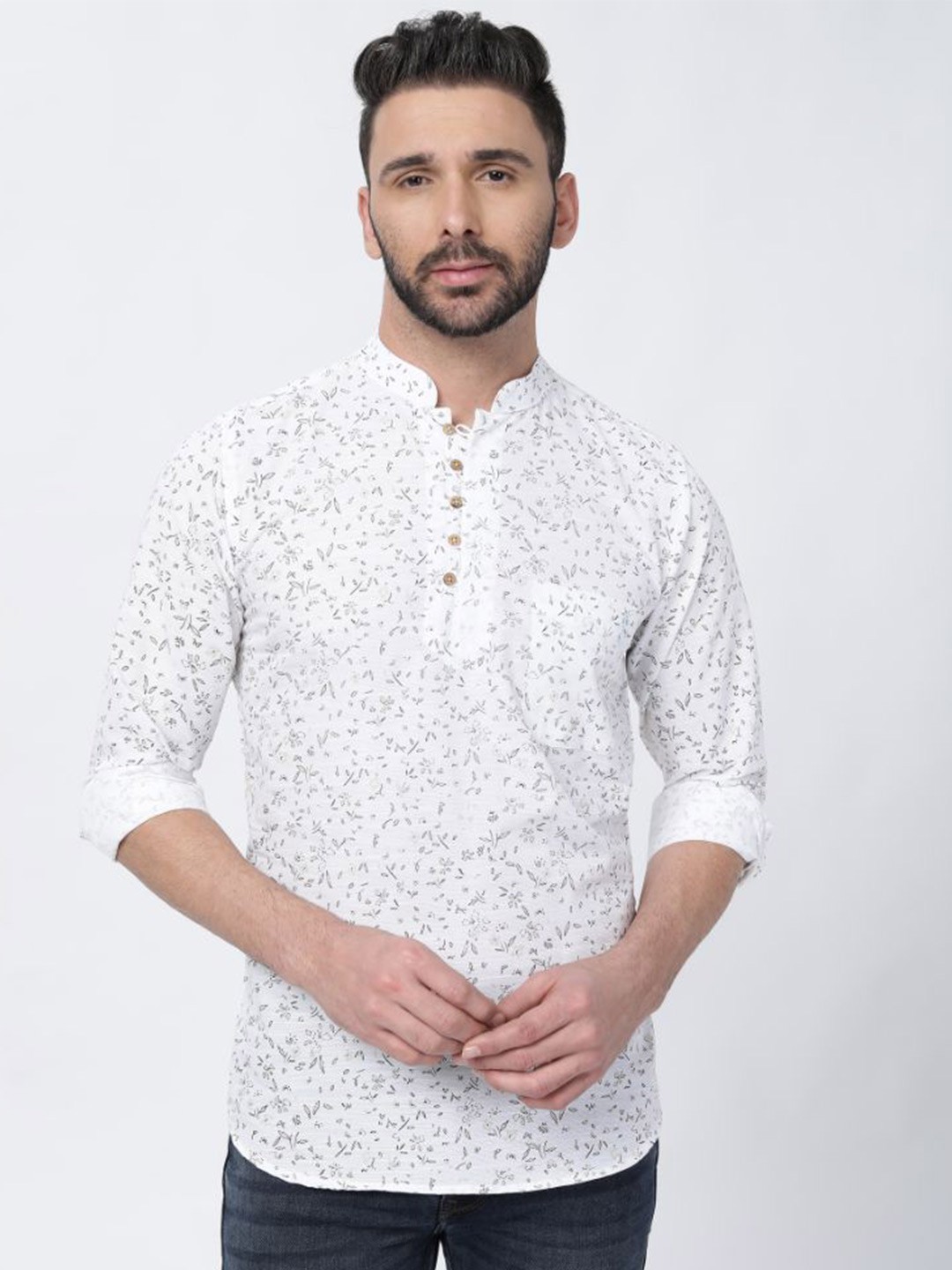 

FRENCH CROWN Floral Printed Twill Linen Casual Shirt, White