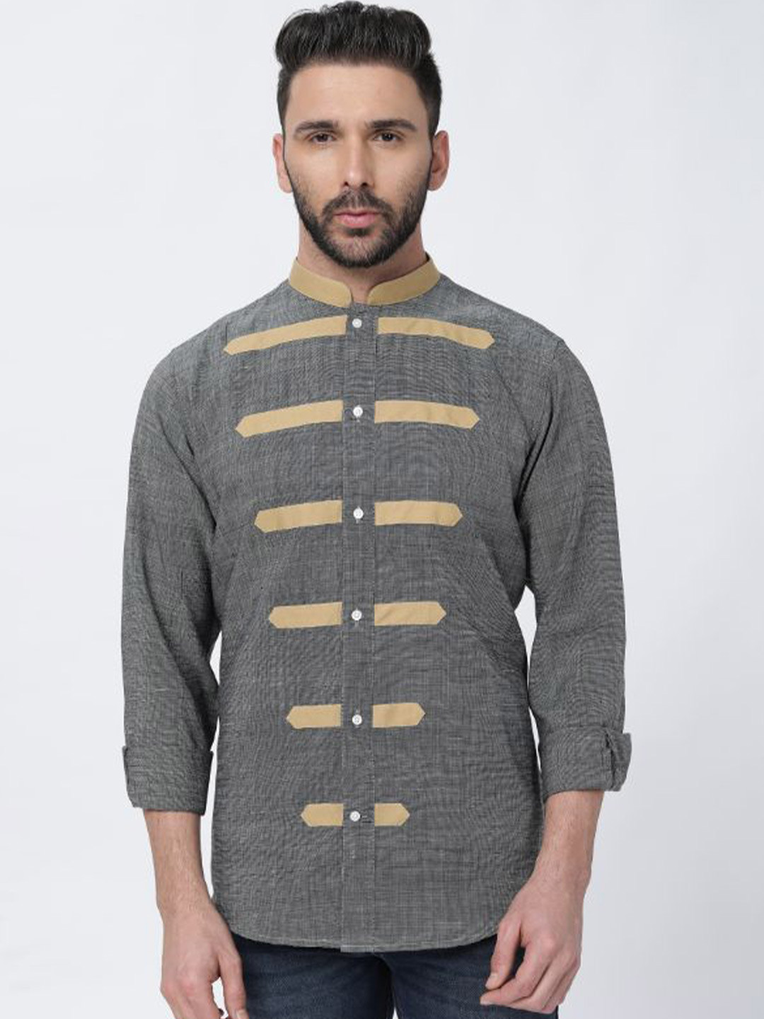 

FRENCH CROWN Geometric Printed Twill Linen Casual Shirt, Grey