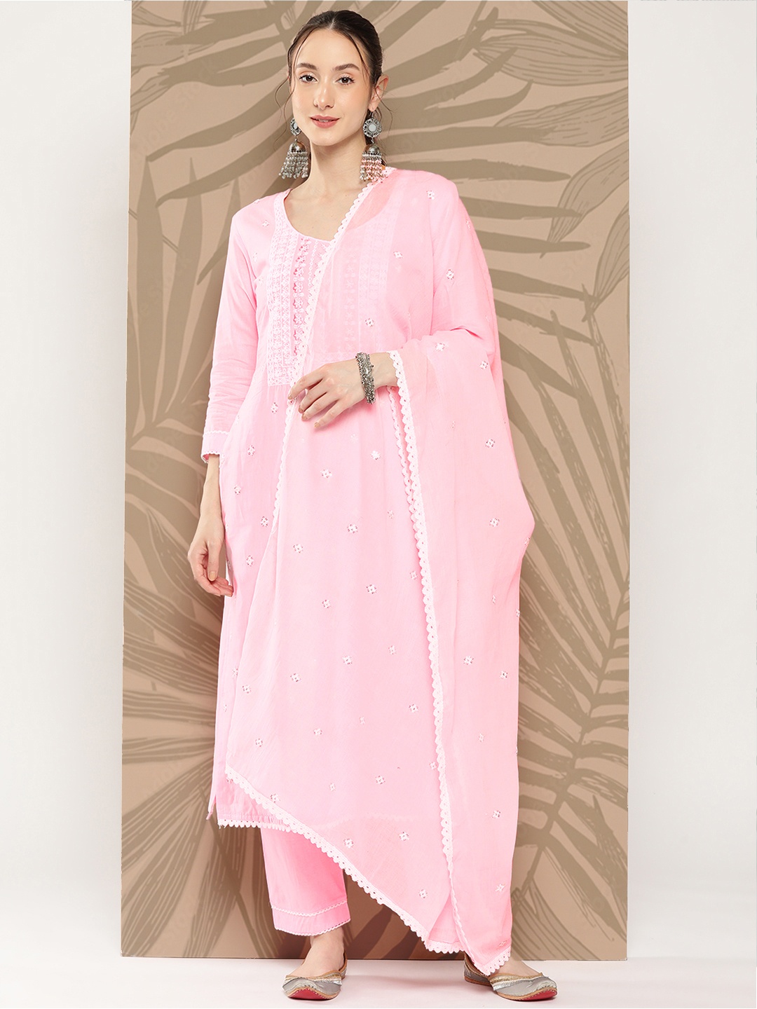 

Yufta Women Floral Embroidered Sequinned Pure Cotton Kurta with Trousers & With Dupatta, Pink