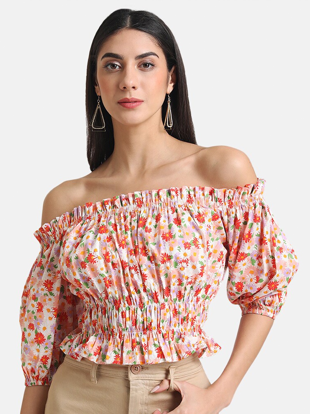 

Kazo Floral Printed Off-Shoulder Puff Sleeves Smocked Bardot Top, Peach