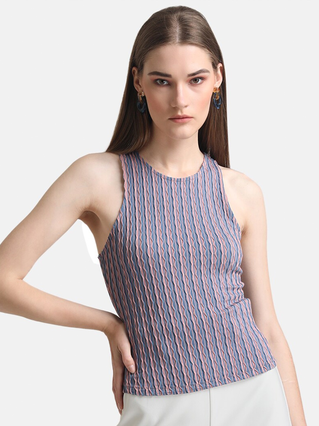 

Kazo Halter Neck Self Design Fitted Top, Pink