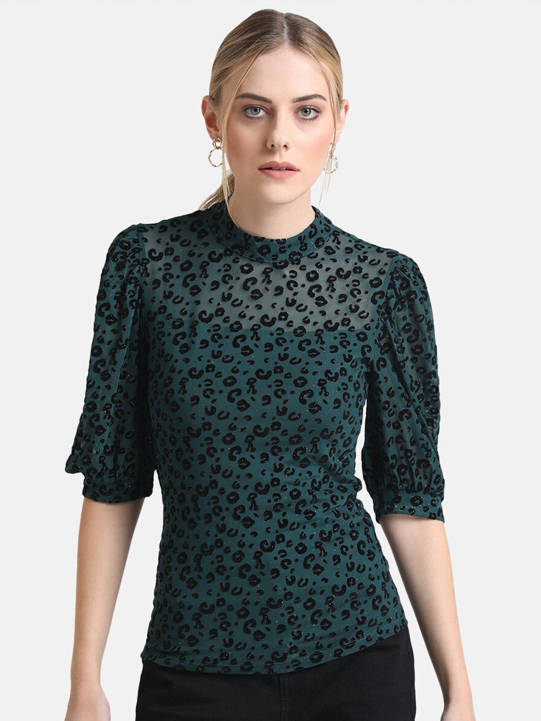 

Kazo Animal Printed Puff Sleeves Top, Green