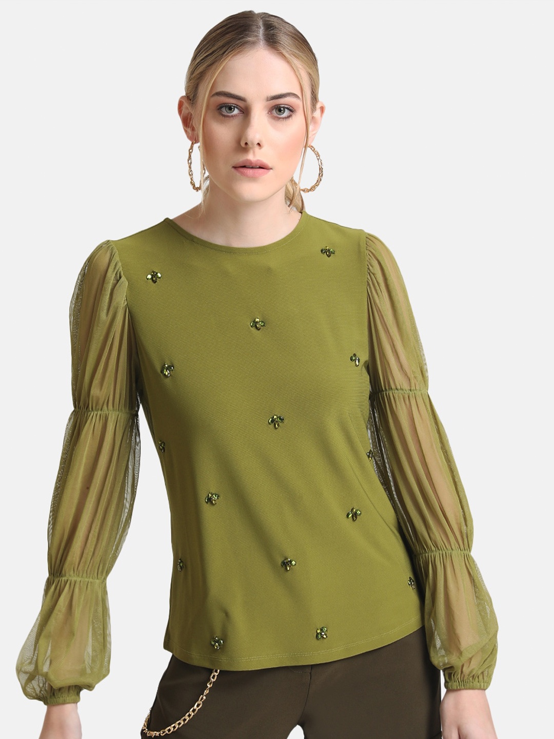 

Kazo Olive Green Embellished Bishop Sleeves Top