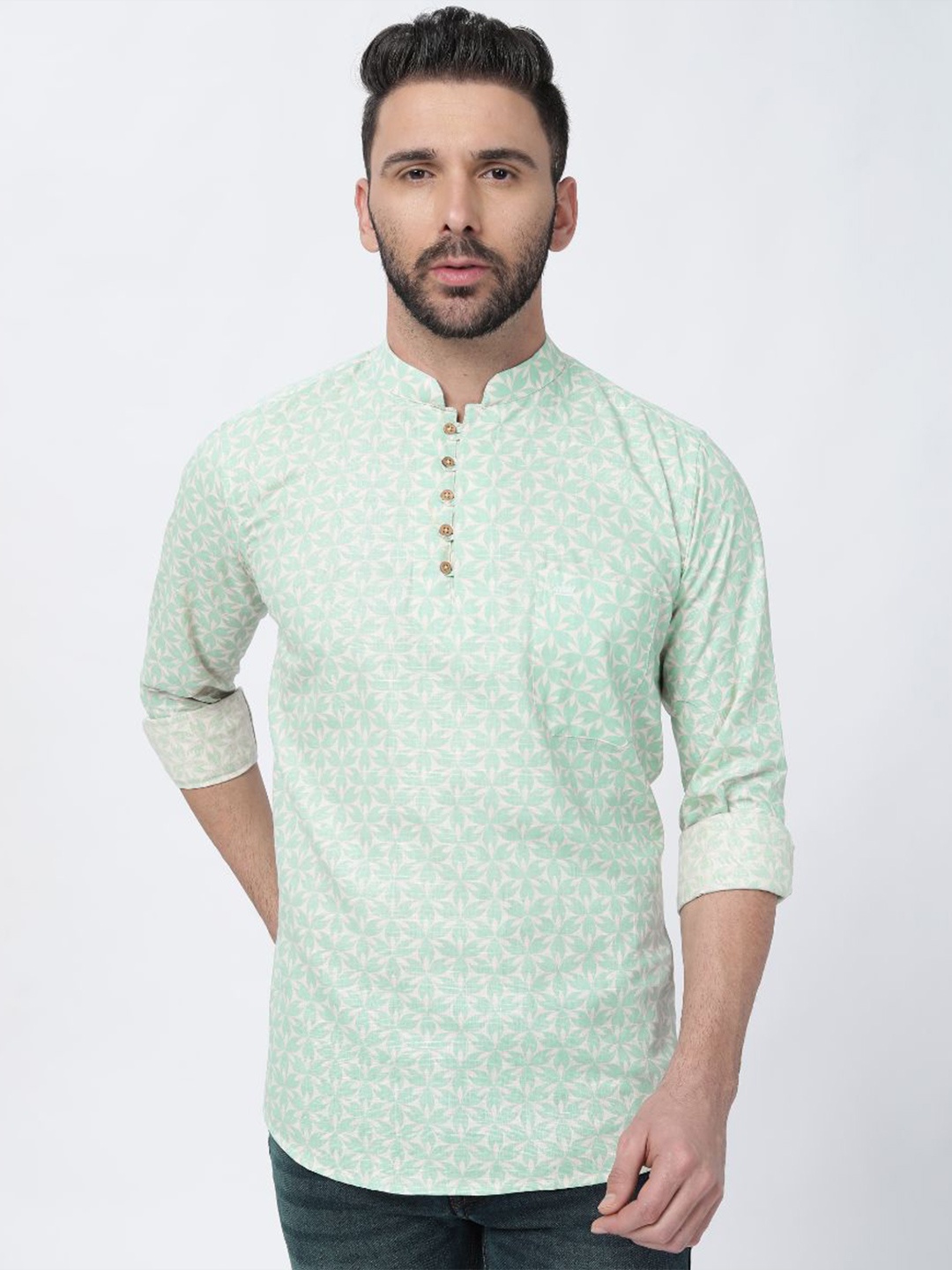 

FRENCH CROWN Floral Printed Linen Casual Shirt, Green