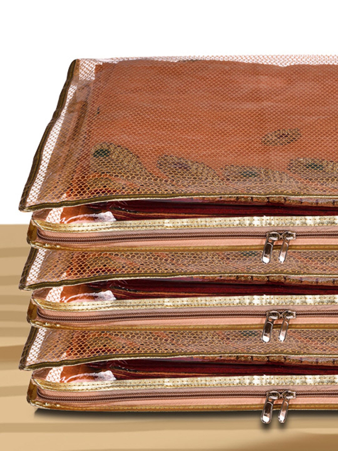 

Kuber Industries 6-Pcs Gold-Toned Laminated Saree Covers With Mesh Fabric