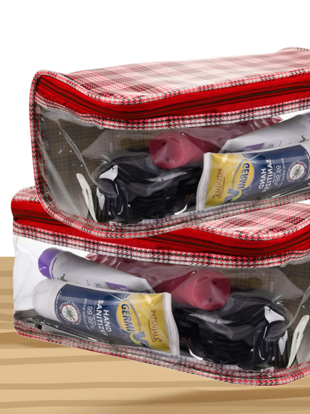 

Kuber Industries 4-Pcs Red & White Printed Rexine Toiletry Organiser With Handle