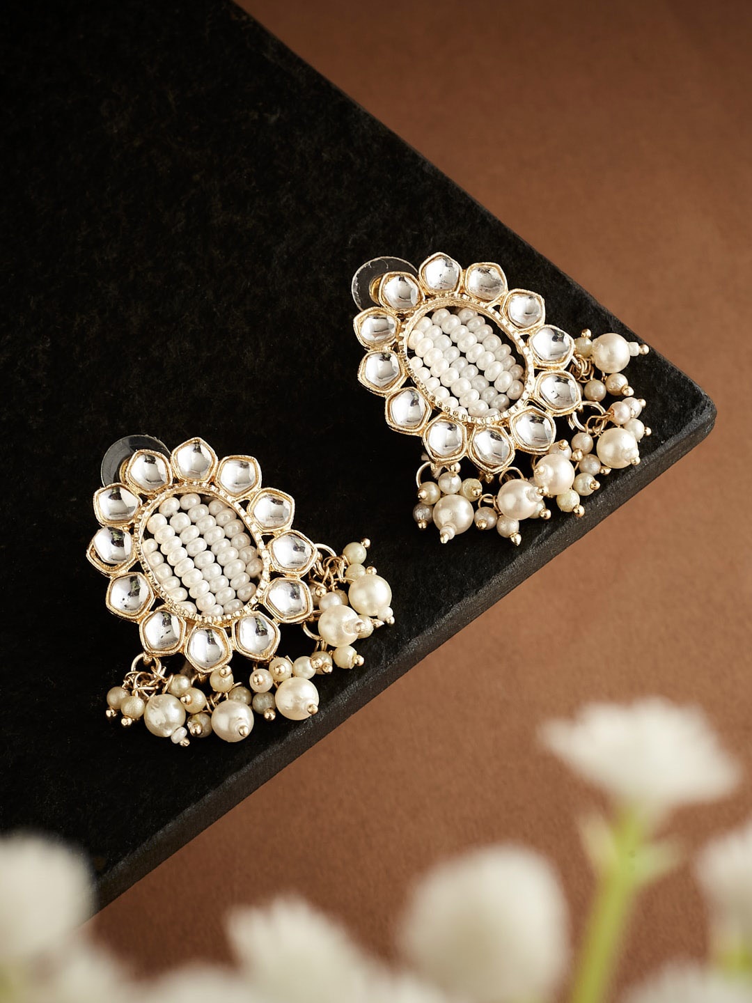 

ATIBELLE Gold Plated Kundan Stone-Studded Contemporary Drop Earrings, White