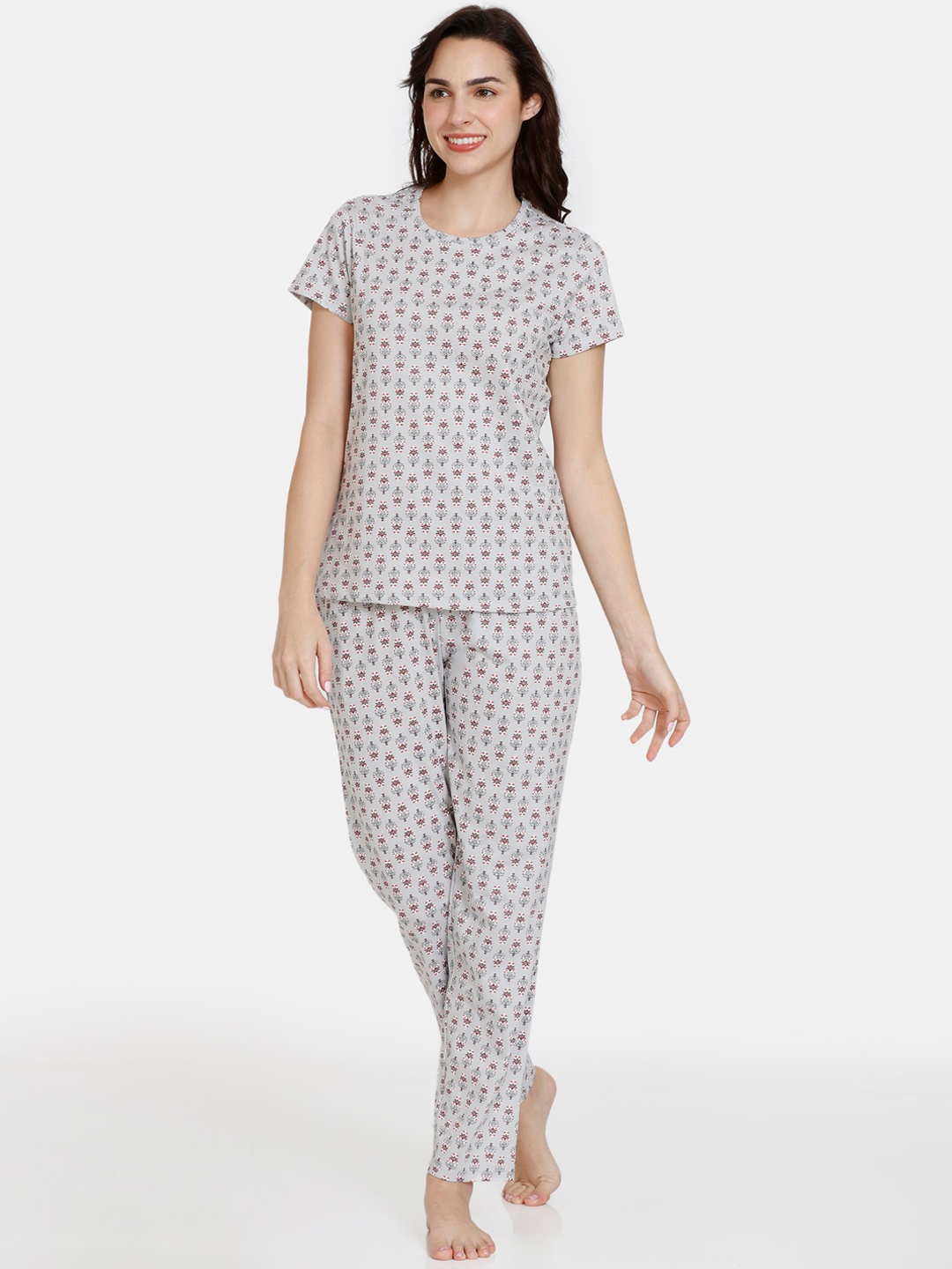 

Zivame Ethnic Motifs Printed Pure Cotton Night Suit, Grey