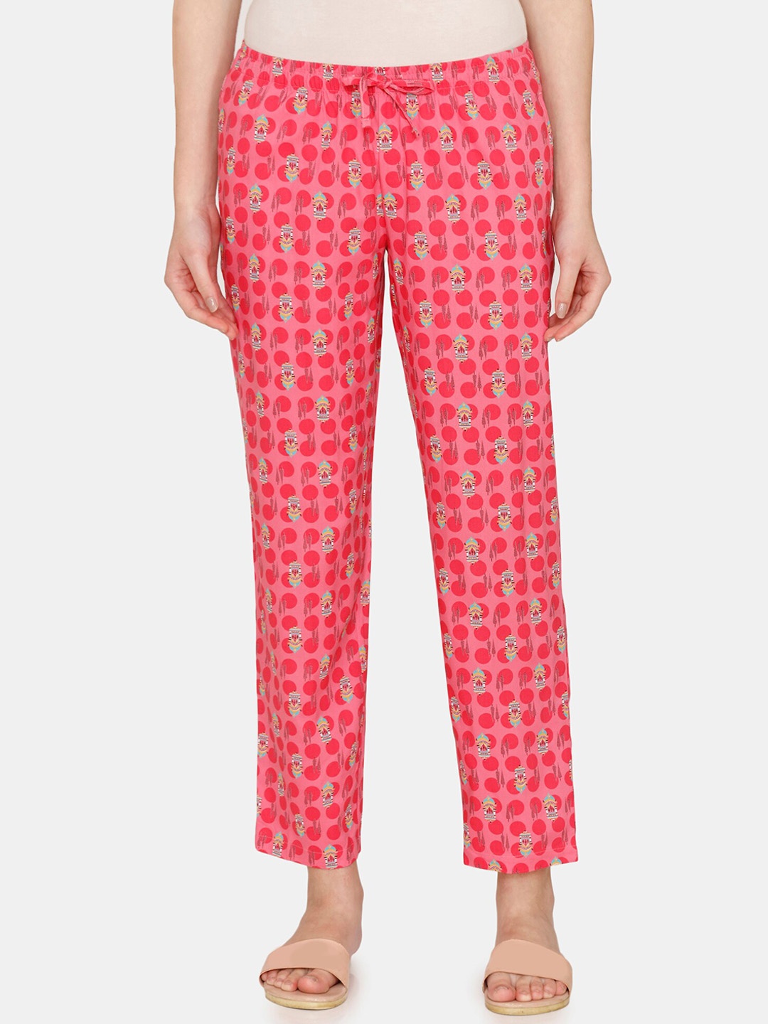 

Zivame Women Printed Mid-Rise Straight Lounge Pants, Pink
