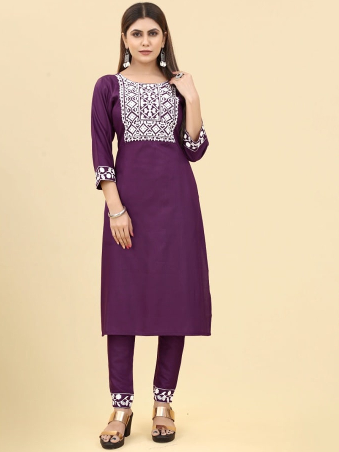

KALINI Ethnic Motifs Embroidered Kurta with Trousers, Burgundy