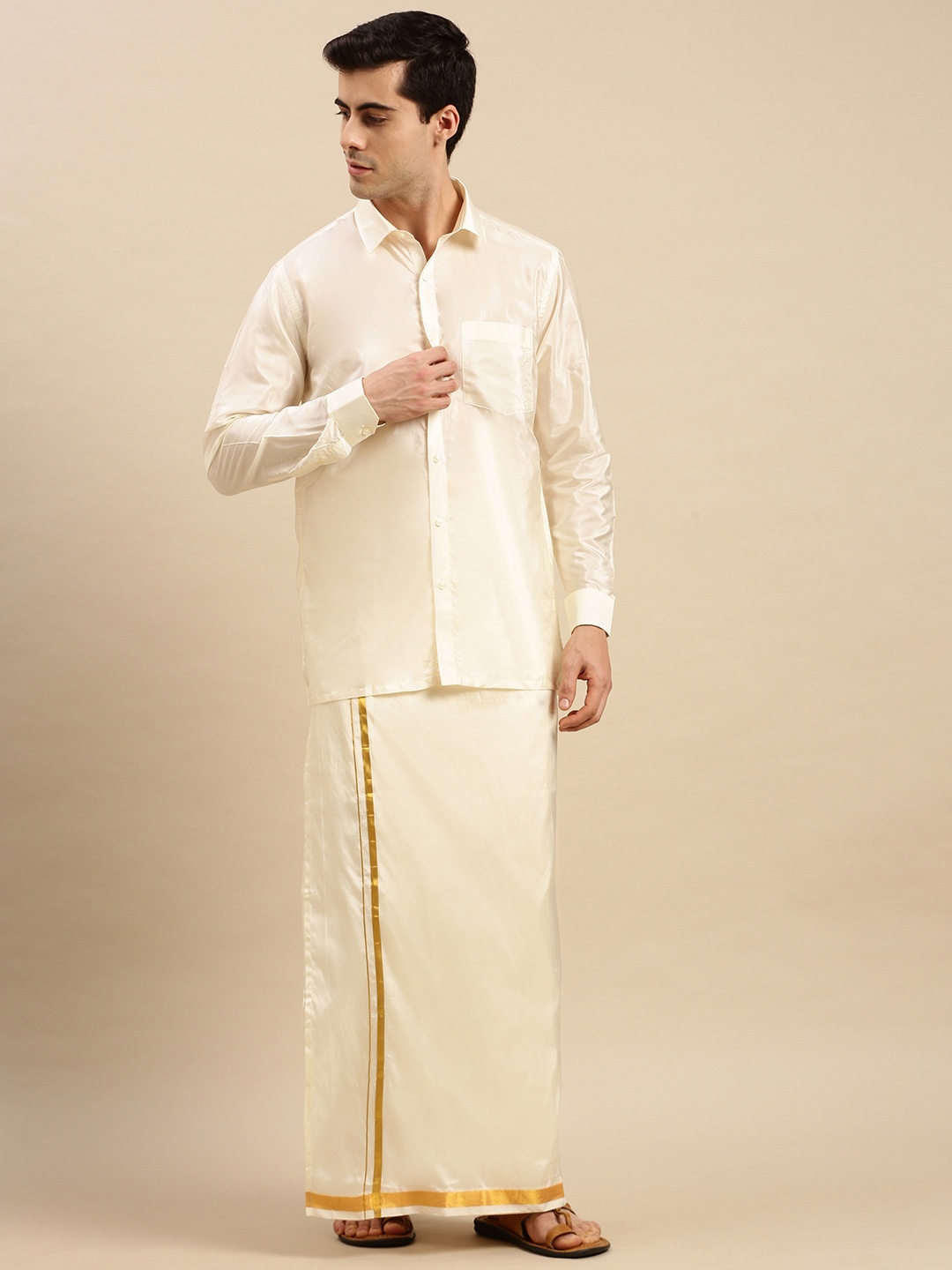 

Ramraj Men Art Silk Zari Shirt & Dhoti With Angavastram, Cream