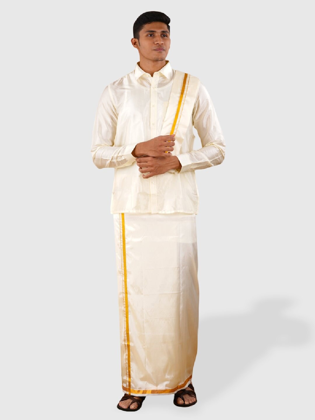 

Ramraj Men Art Silk Zari Shirt & Dhoti With Angavastram, Cream