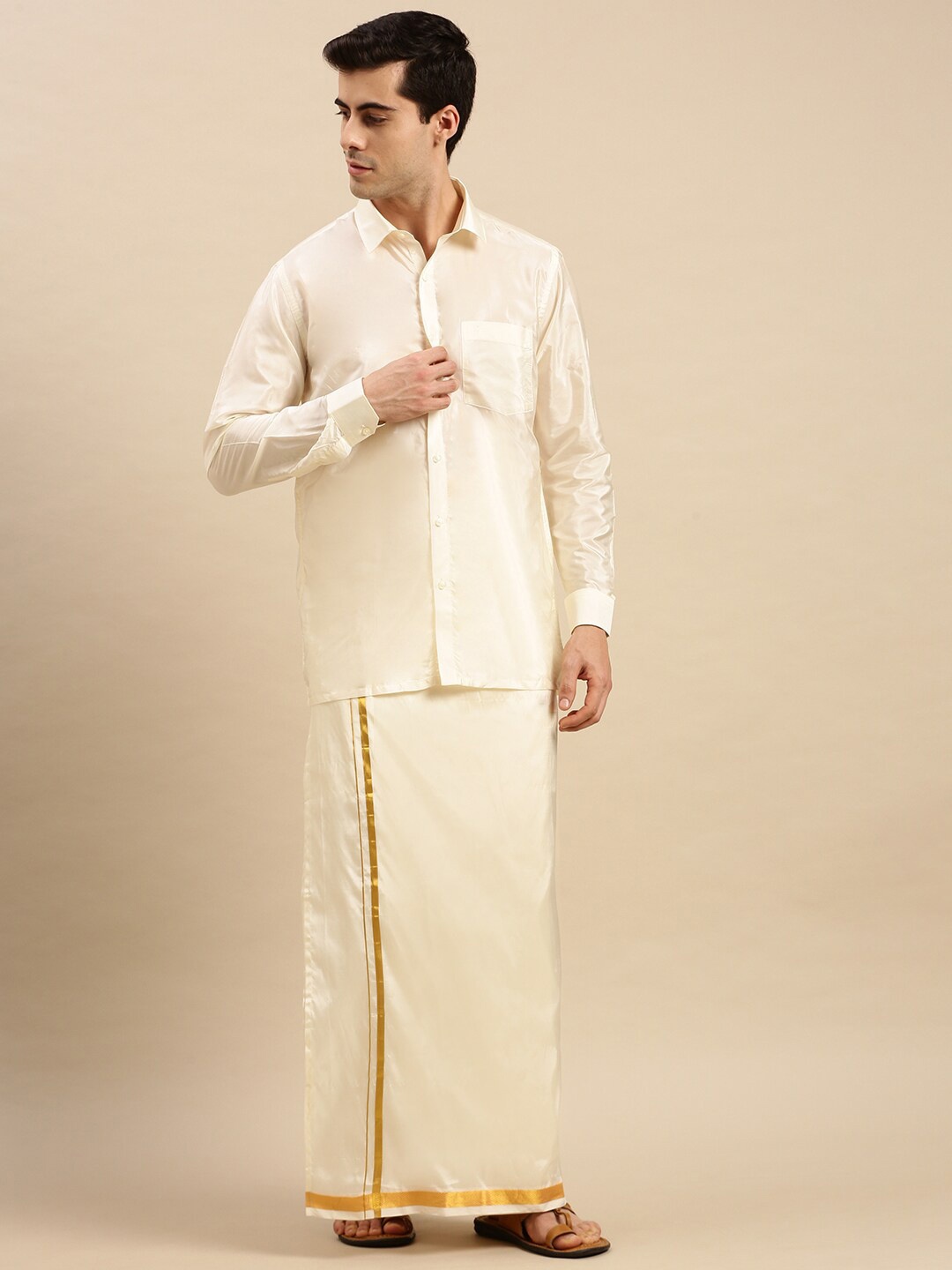 

Ramraj Men Art Silk Zari Shirt & Dhoti With Angavastram, Cream