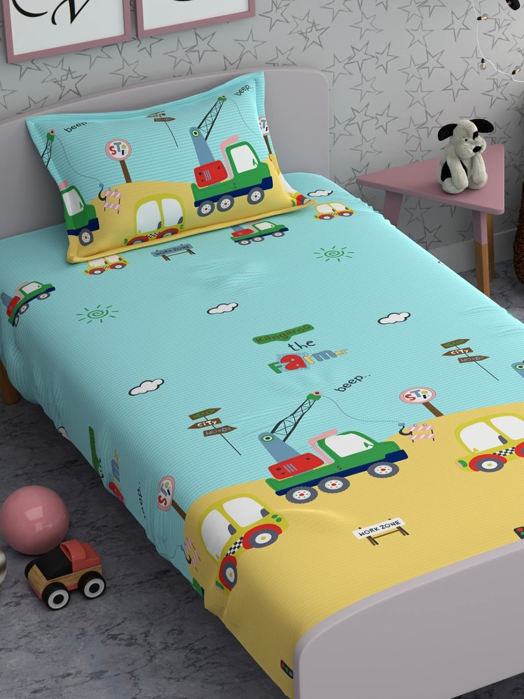 

CHHAVI INDIA Blue & Yellow Graphic 210 TC Single Bedsheet with 1 Pillow Covers