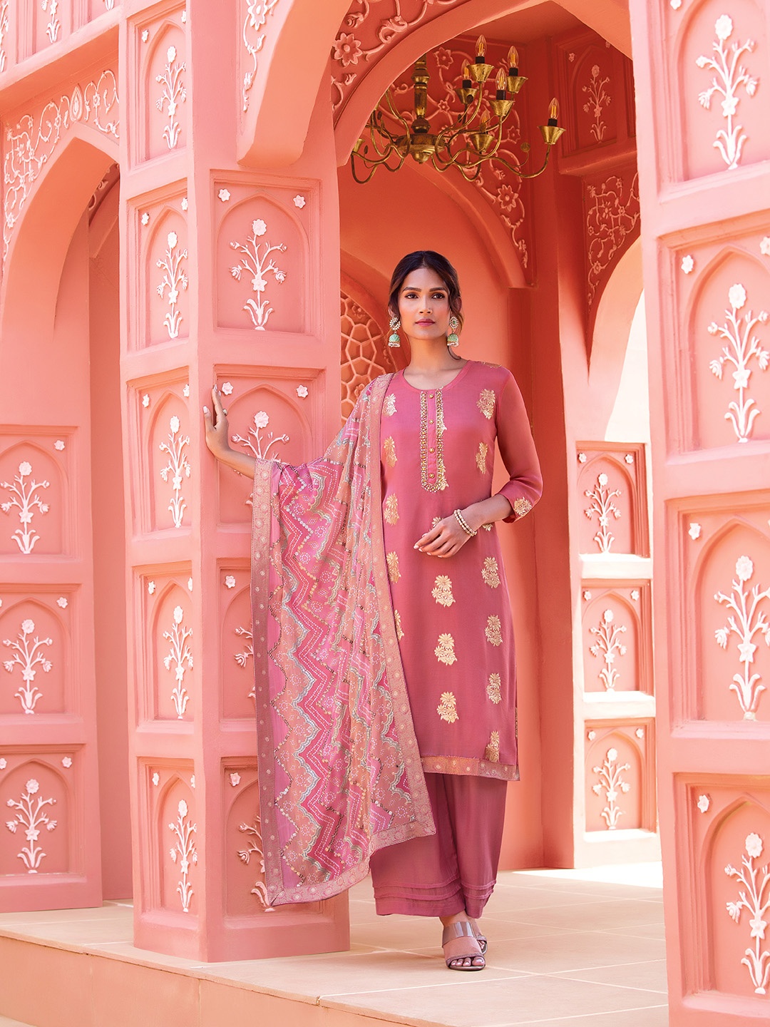 

Soch Ethnic Motifs Woven Design Organza Unstitched Dress Material, Pink