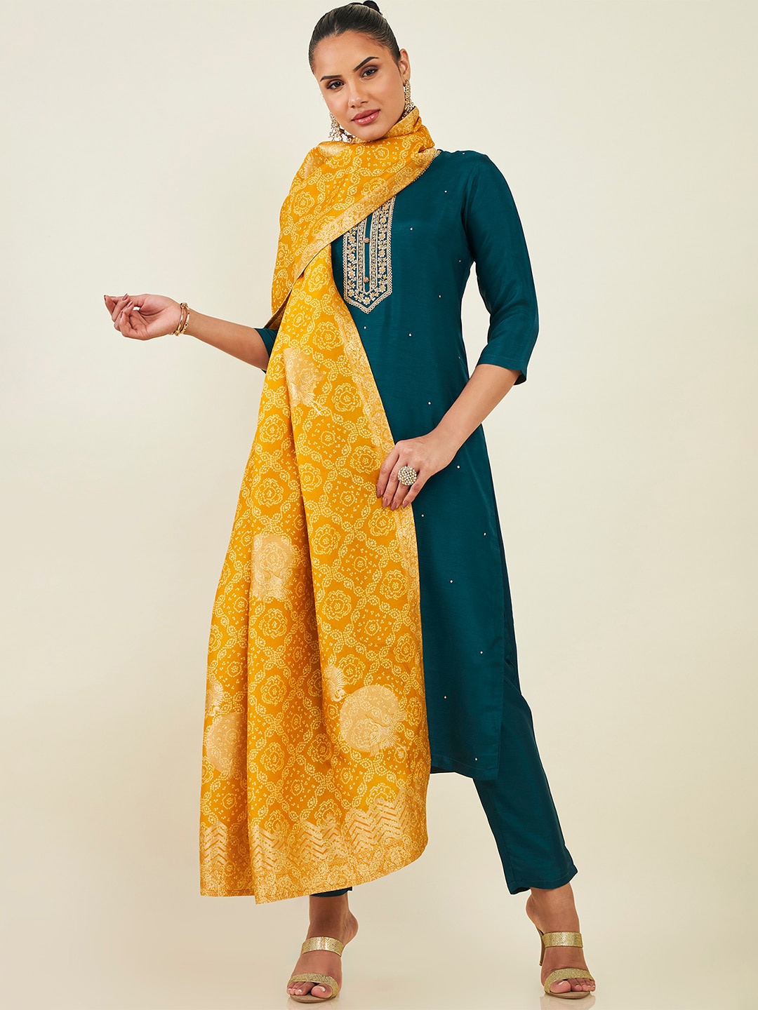 

Soch Ethnic Motifs Embroidered Sequined Kurta with Trousers & Dupatta, Teal