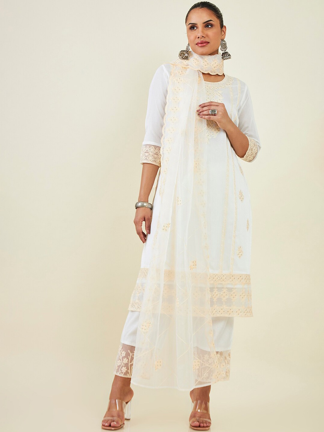 

Soch Floral Embroidered Chanderi Silk Kurta with Palazzos & Dupatta, Off white