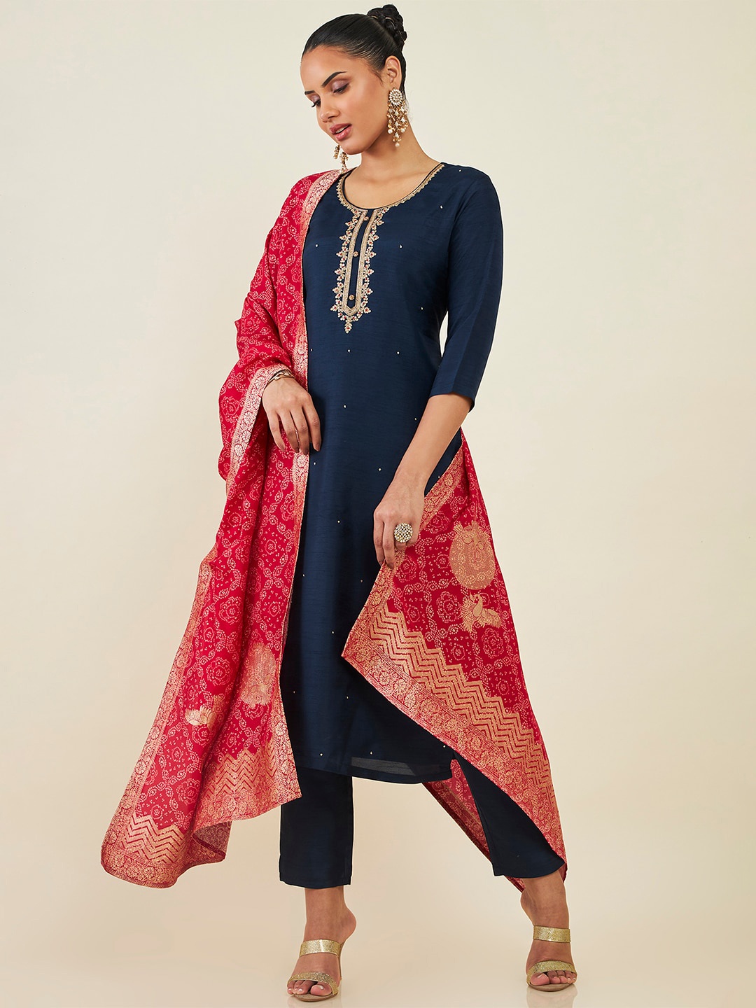 

Soch Ethnic Motifs Embroidered Sequined Kurta with Trousers & Dupatta, Navy blue