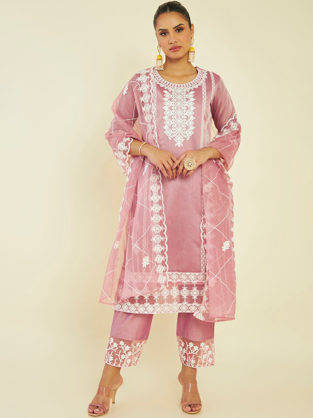 

Soch Ethnic Motifs Embroidered Panelled Chanderi Silk Kurta with Palazzos & Dupatta, Pink