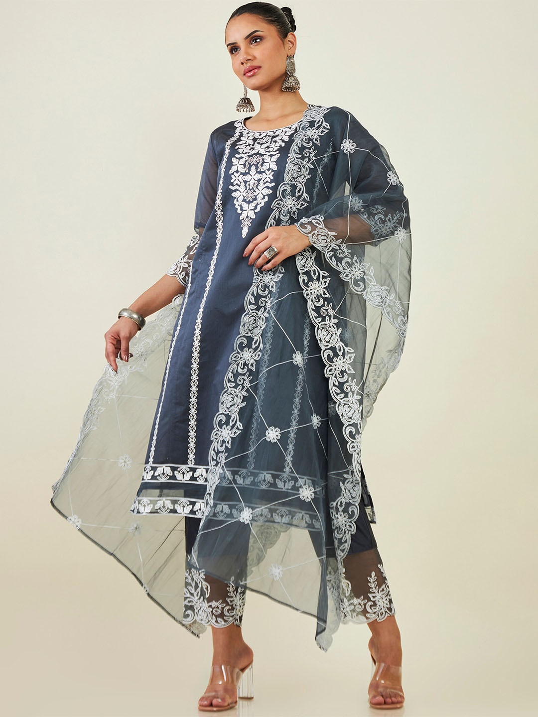 

Soch Ethnic Motifs Embroidered Panelled Chanderi Silk Kurta with Trousers & Dupatta, Grey