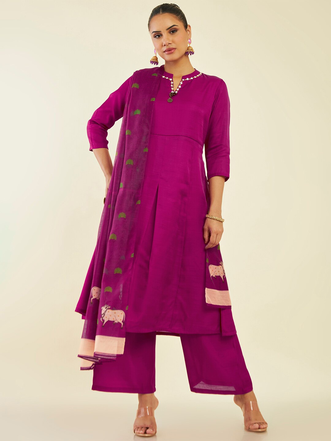 

Soch Beads & Stones A-Line Pure Silk Kurta with Palazzos & Dupatta, Magenta