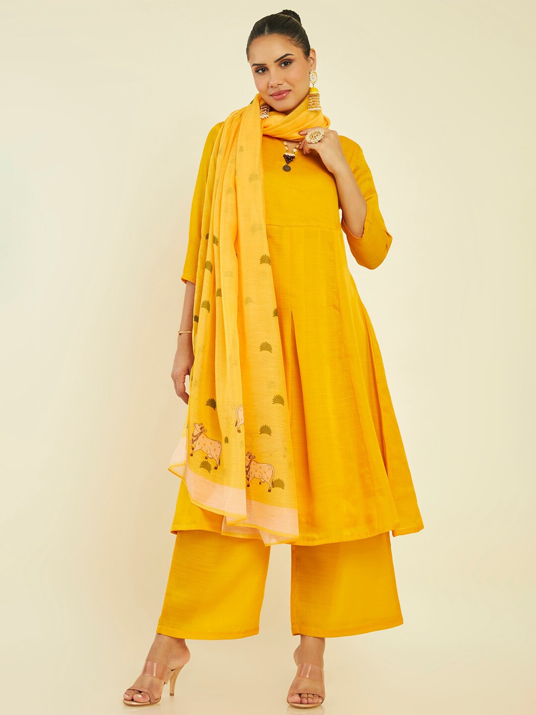 

Soch Beads & Stones Anarkali Pure Silk Kurta with Palazzos & Dupatta, Mustard