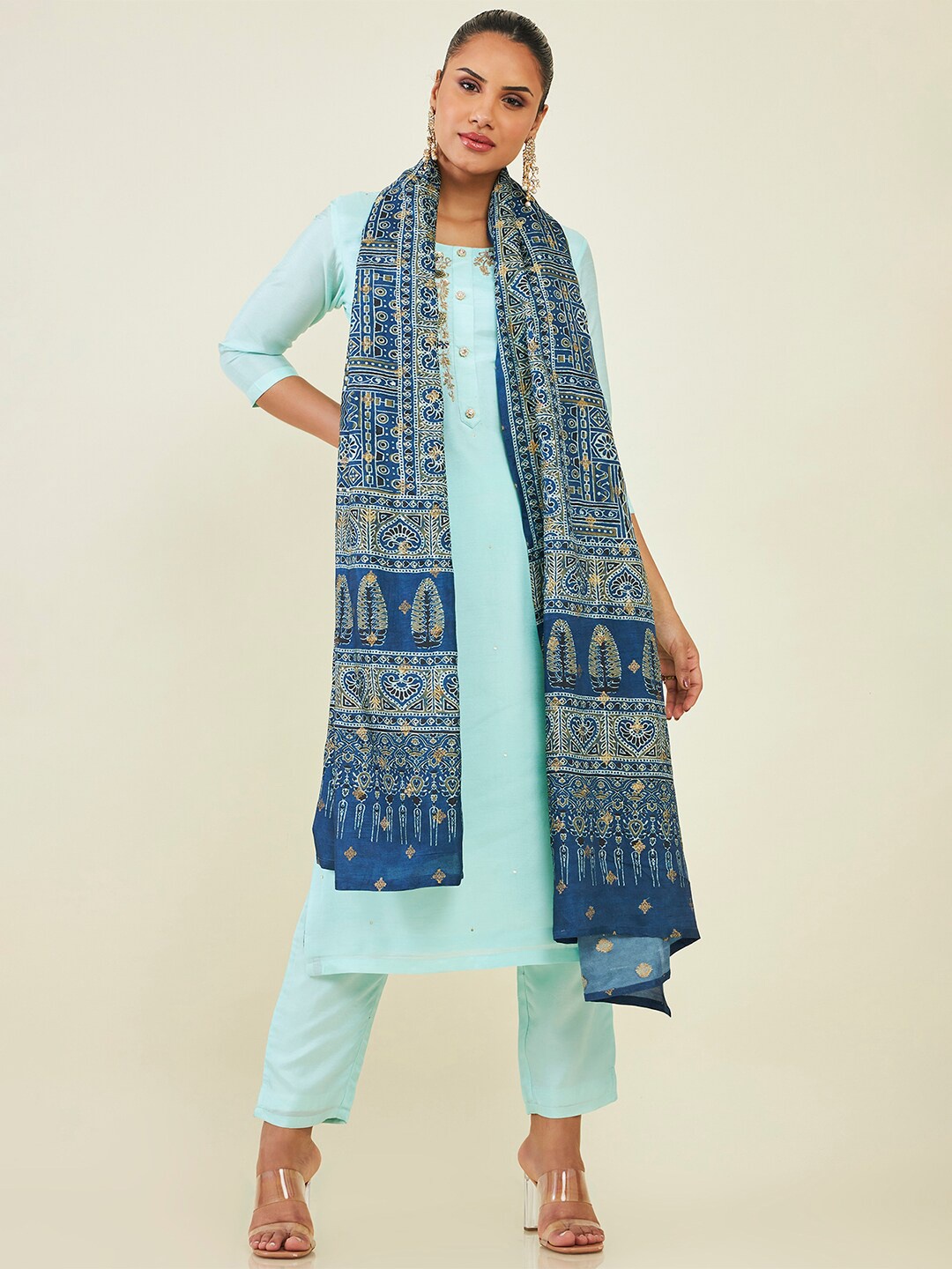 

Soch Embroidered Zardozi Detail Kurta with Trousers & Dupatta, Blue