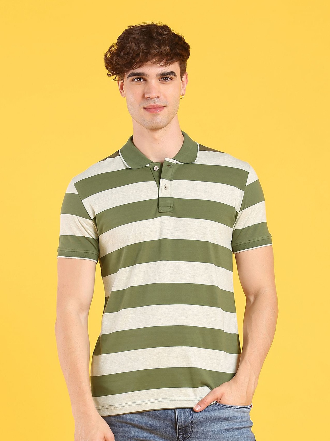 

Flying Machine Striped Polo Collar Cotton T-shirt, Green