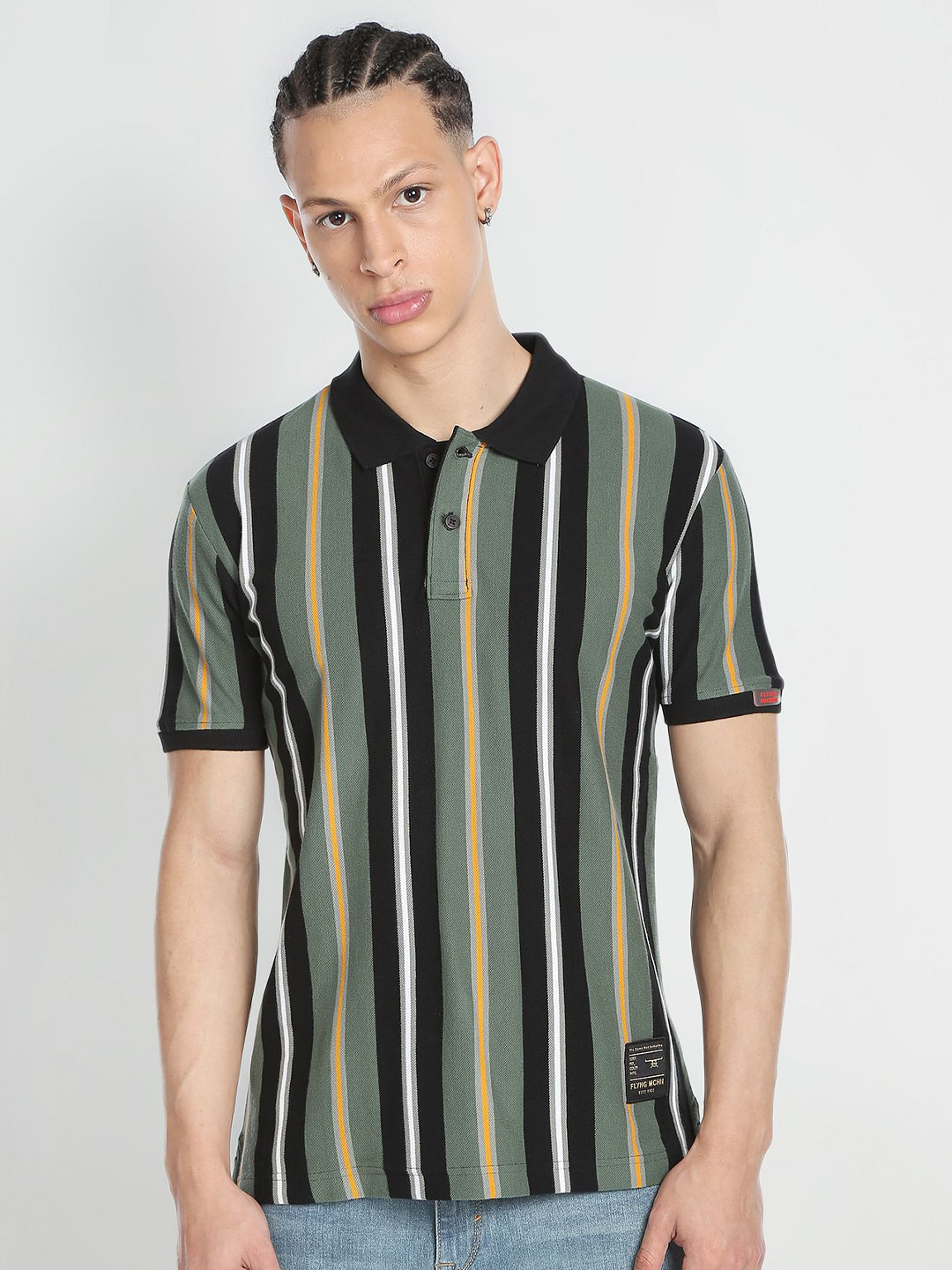 

Flying Machine Striped Polo Collar Cotton T-shirt, Green