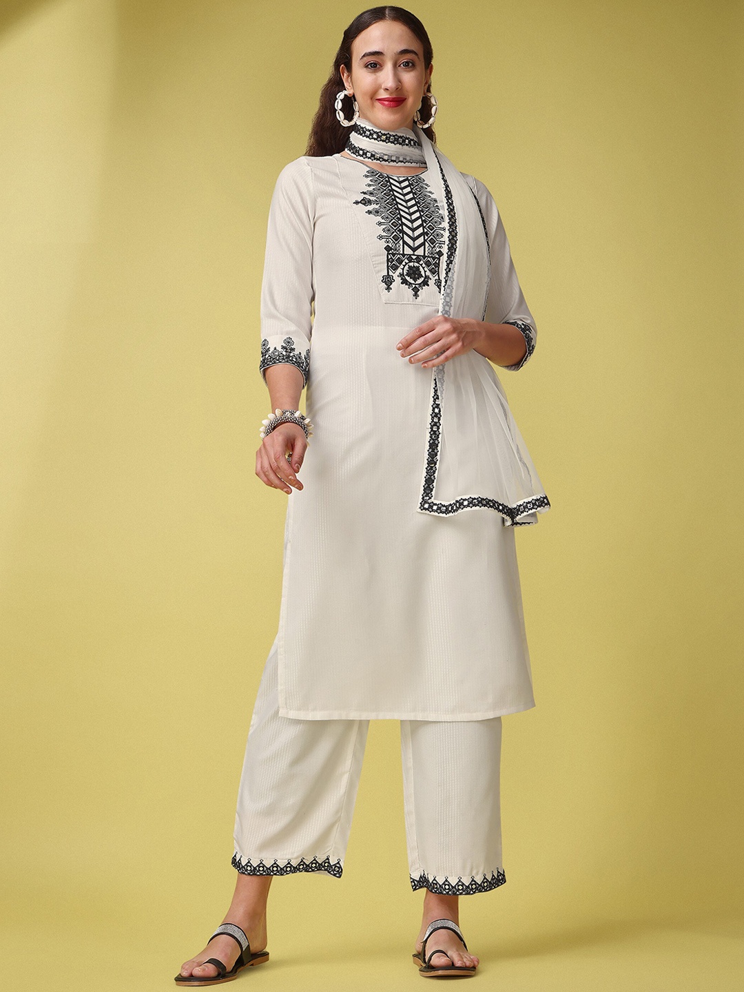 

ASPORA Ethnic Motifs Embroidered Mirror Work Kurta with Trousers & Dupatta, White