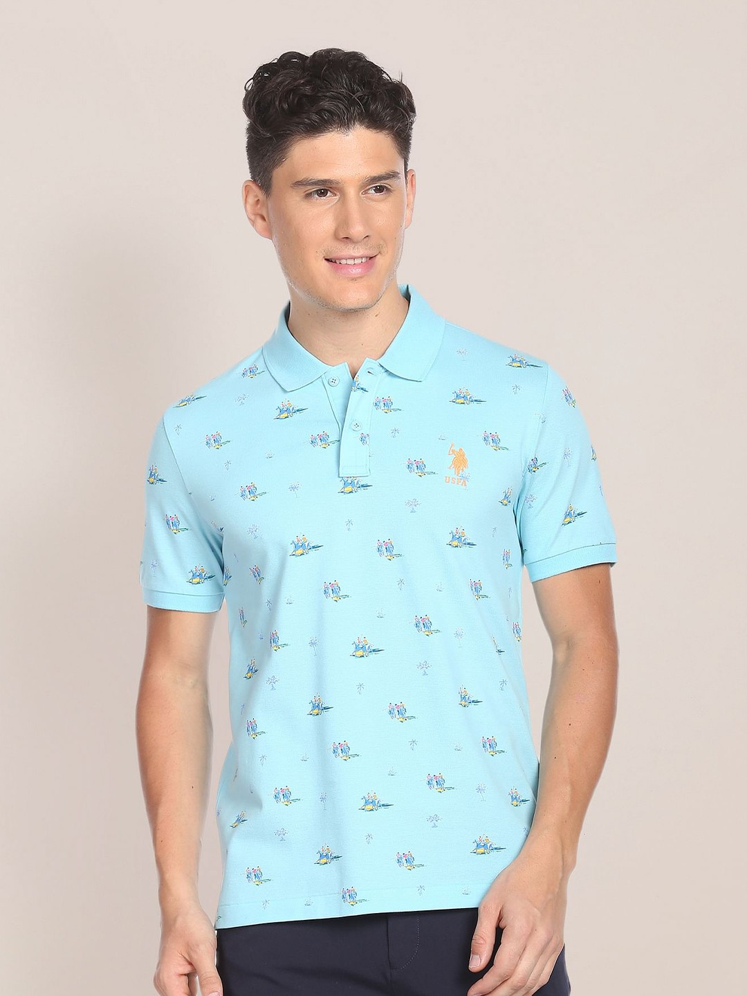 

U.S. Polo Assn. Brand Logo Printed Polo Collar Pure Cotton Slim Fit T-shirt, Blue