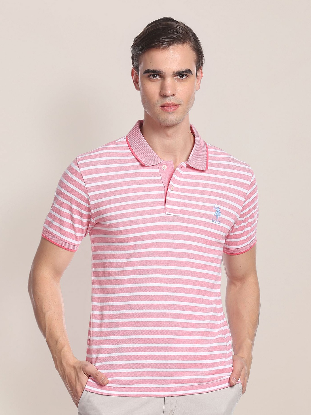 

U.S. Polo Assn. Slim Fit Striped Polo Collar Pure Cotton T-Shirt, Pink