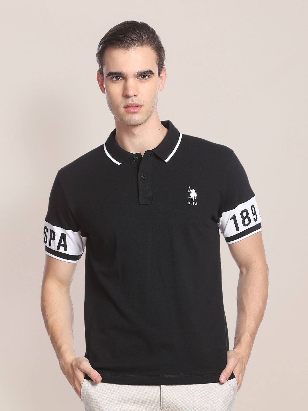 

U.S. Polo Assn. Polo Collar Monochrome Pure Cotton Slim Fit T-shirt, Black