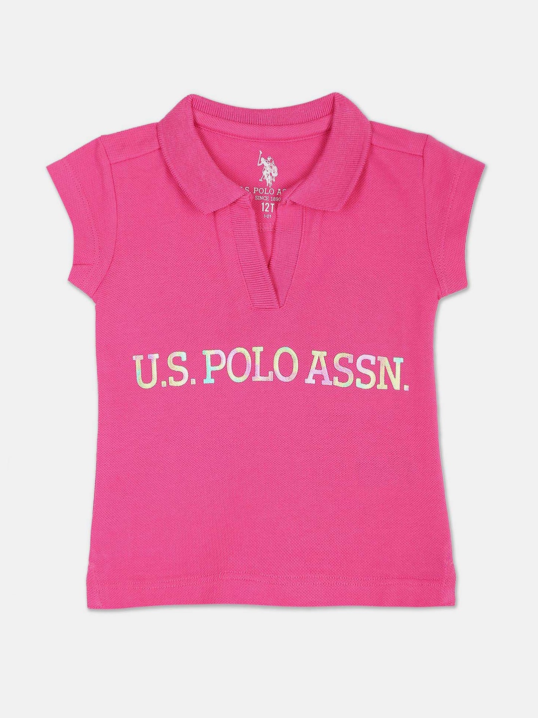 

U.S. Polo Assn. Kids Girls Brand Logo Embroidered Henley Neck Pure Cotton T-shirt, Pink