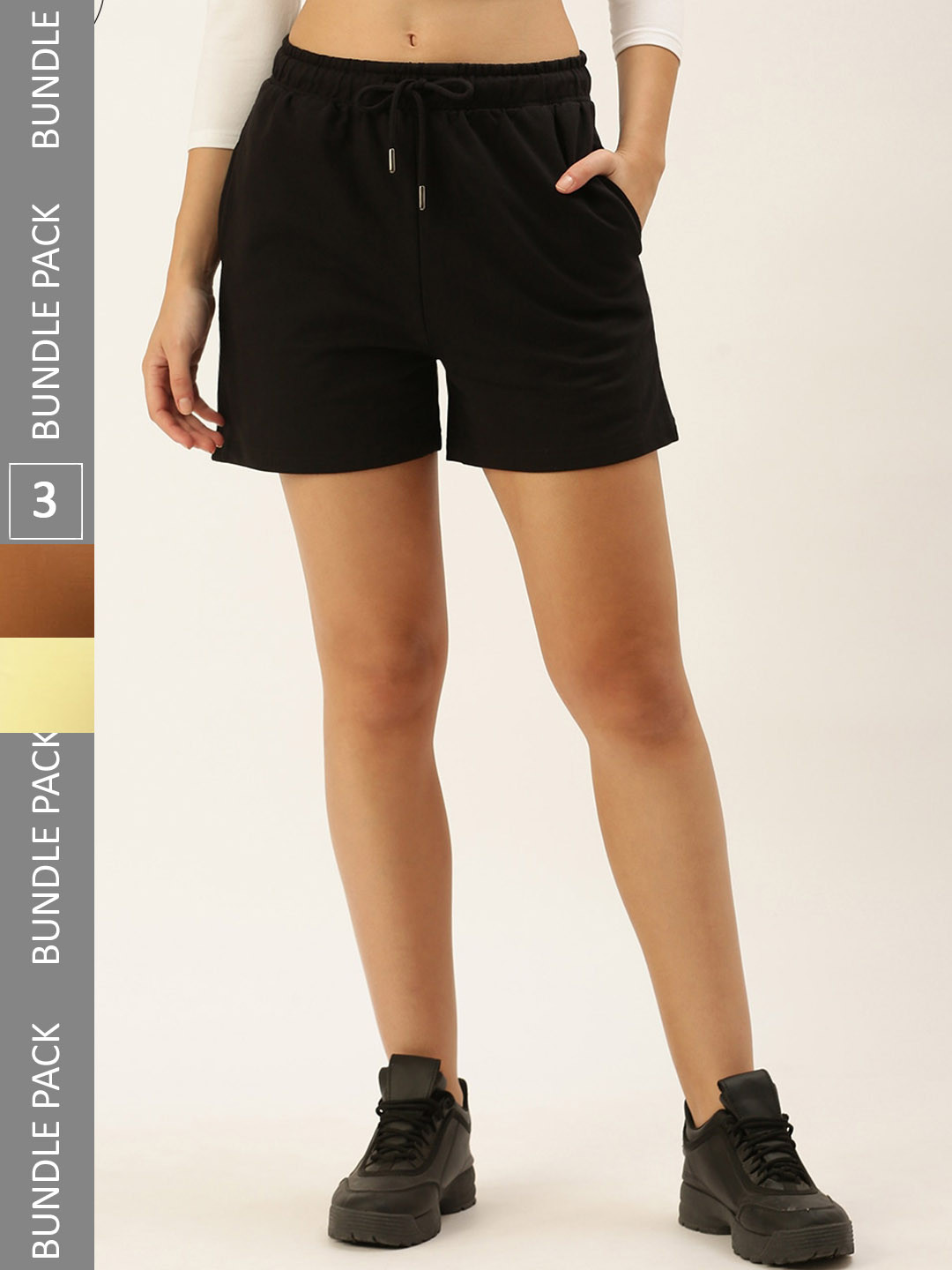 

De Moza Women Pack Of 3 Cotton Mid-Rise Skinny Fit Shorts, Black
