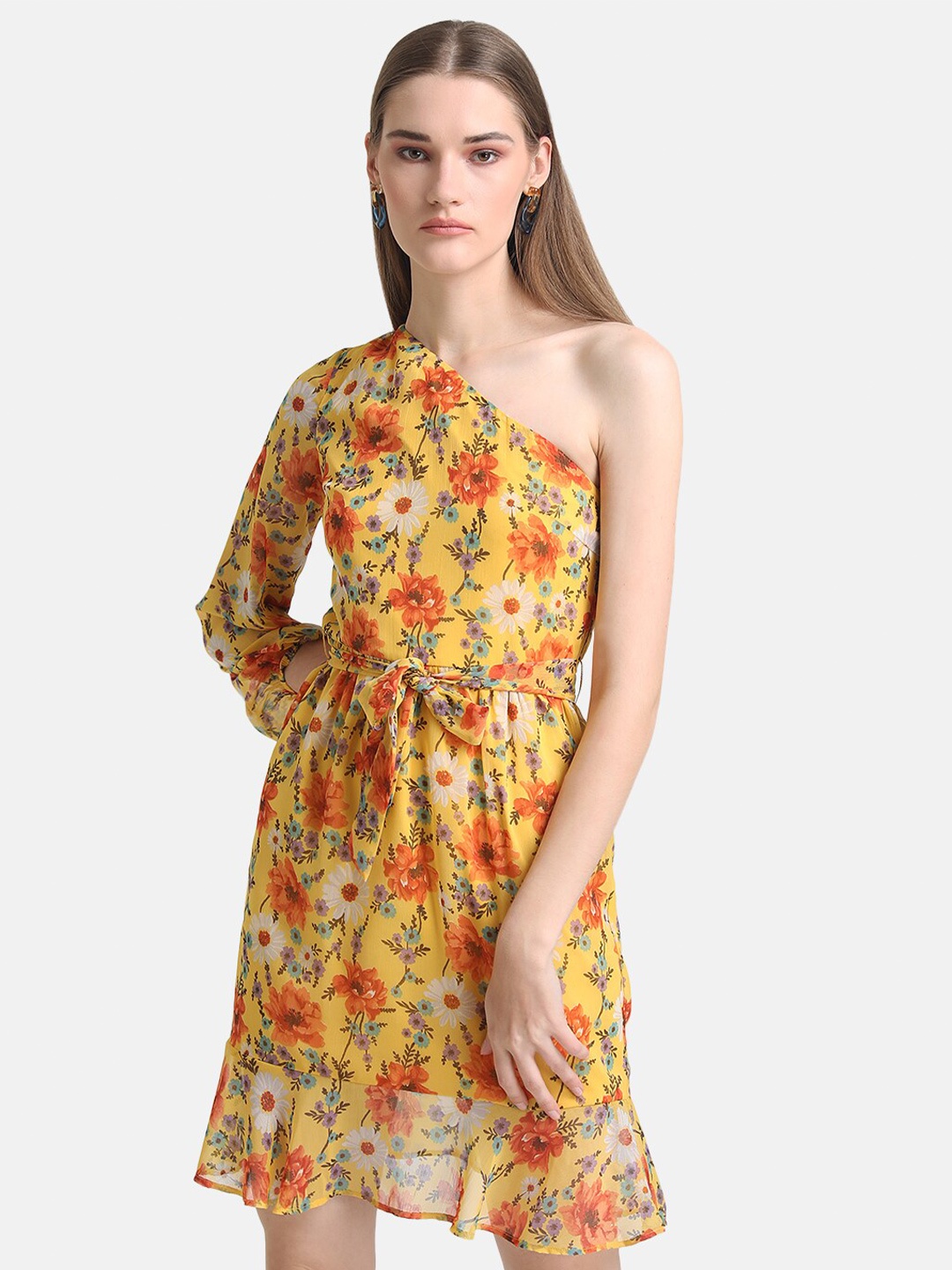 

Kazo Floral Printed One Shoulder Fit & Flare Mini Dress, Yellow