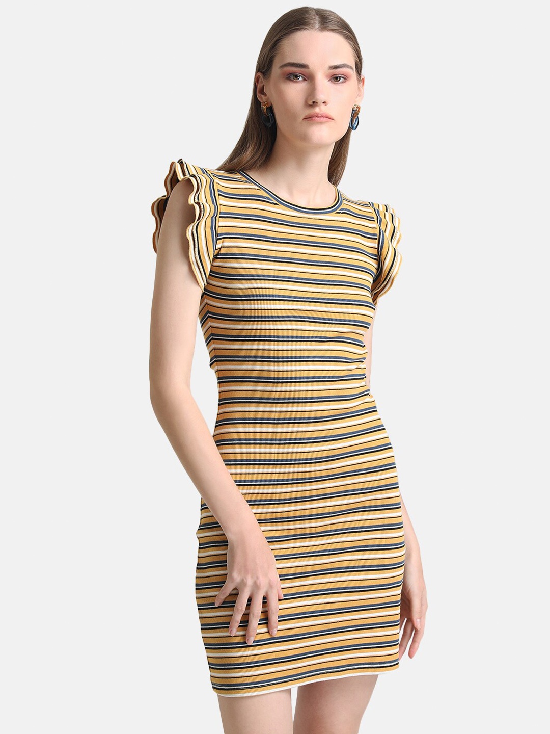 

Kazo Striped Flutter Sleeves Bodycon Mini Dress, Yellow