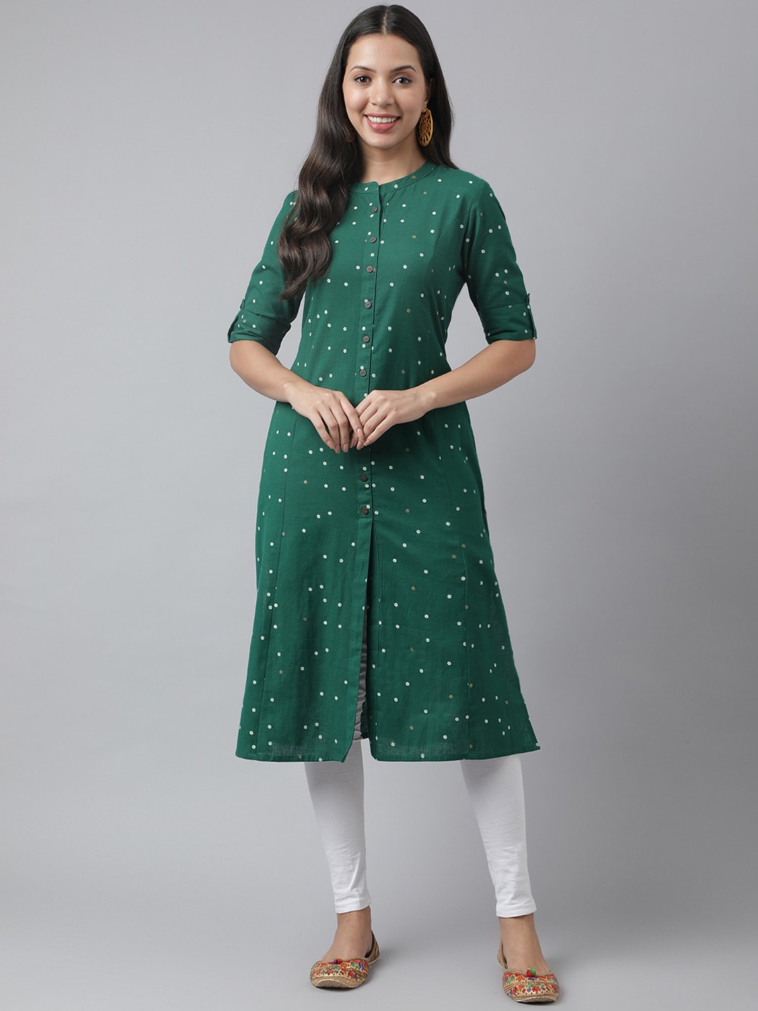 

KALINI Ethnic Motifs Printed Band Collar Roll Up Sleeves Kurta, Green