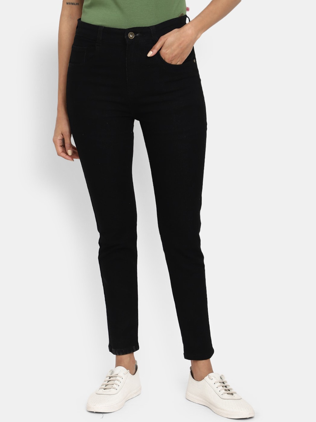 

V-Mart Women Skinny Fit Mid-Rise High-Rise Cotton Cropped Jeans, Black