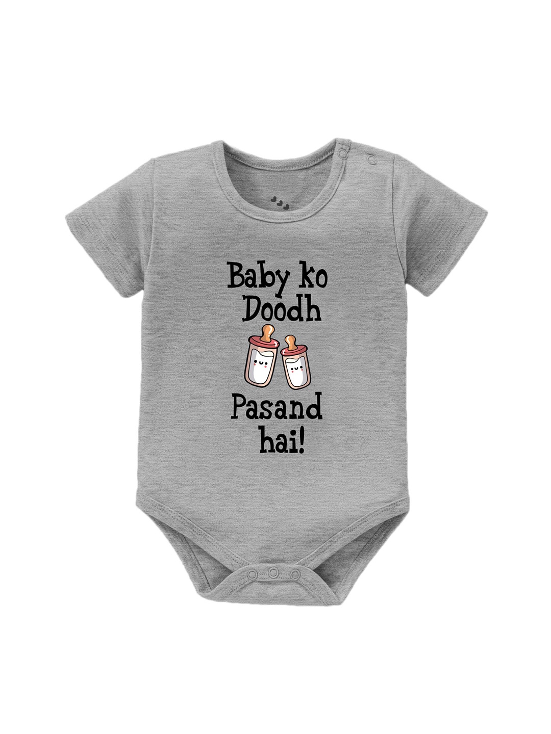 

Zeezeezoo Infant Kids Baby Ko Doodh Pasand Hai Printed Pure Cotton Bodysuit, Grey melange