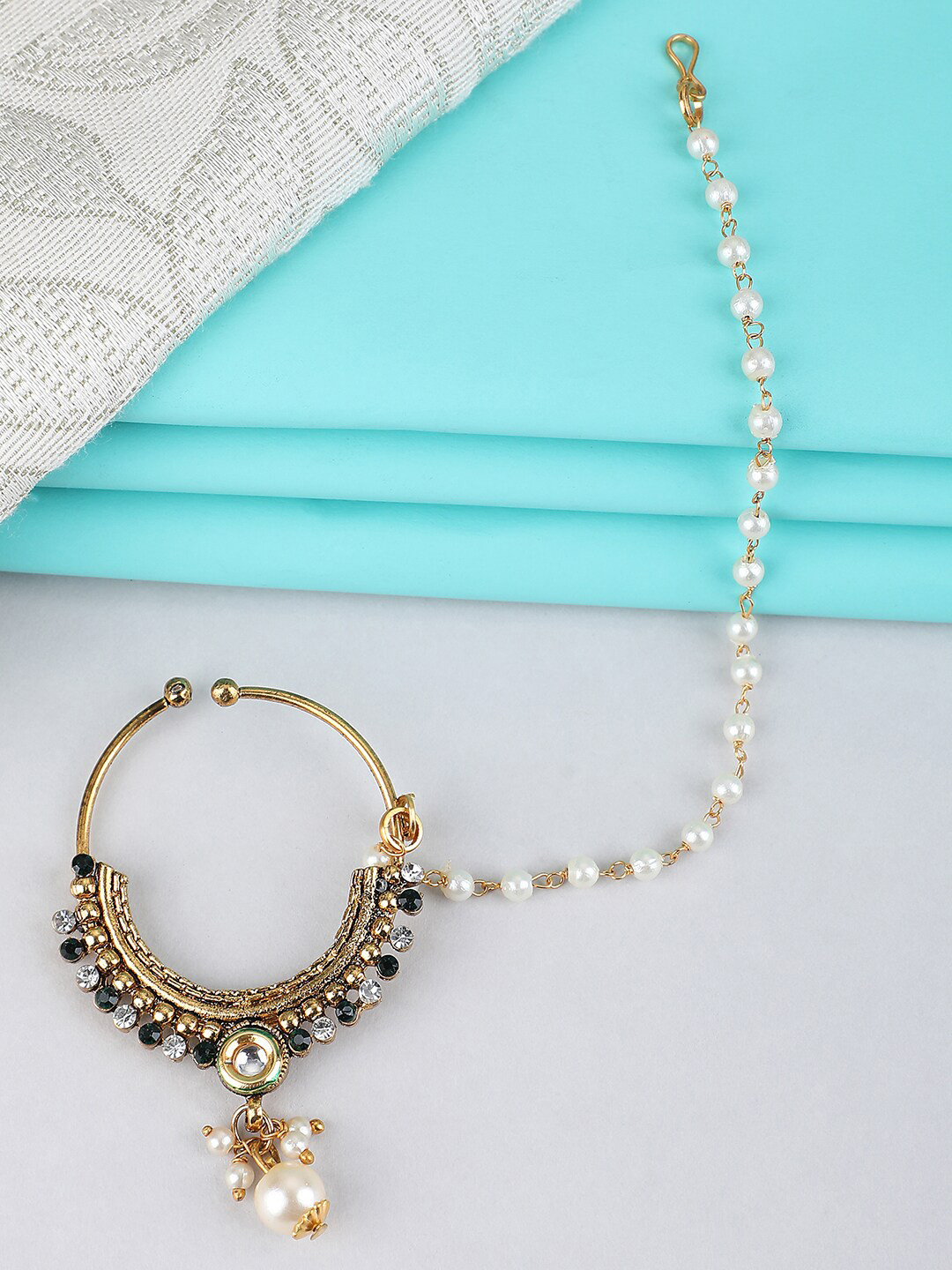 

ANIKAS CREATION Gold-Plated Stone-Studded Clip-On Nosepin With Beaded Extension, Green