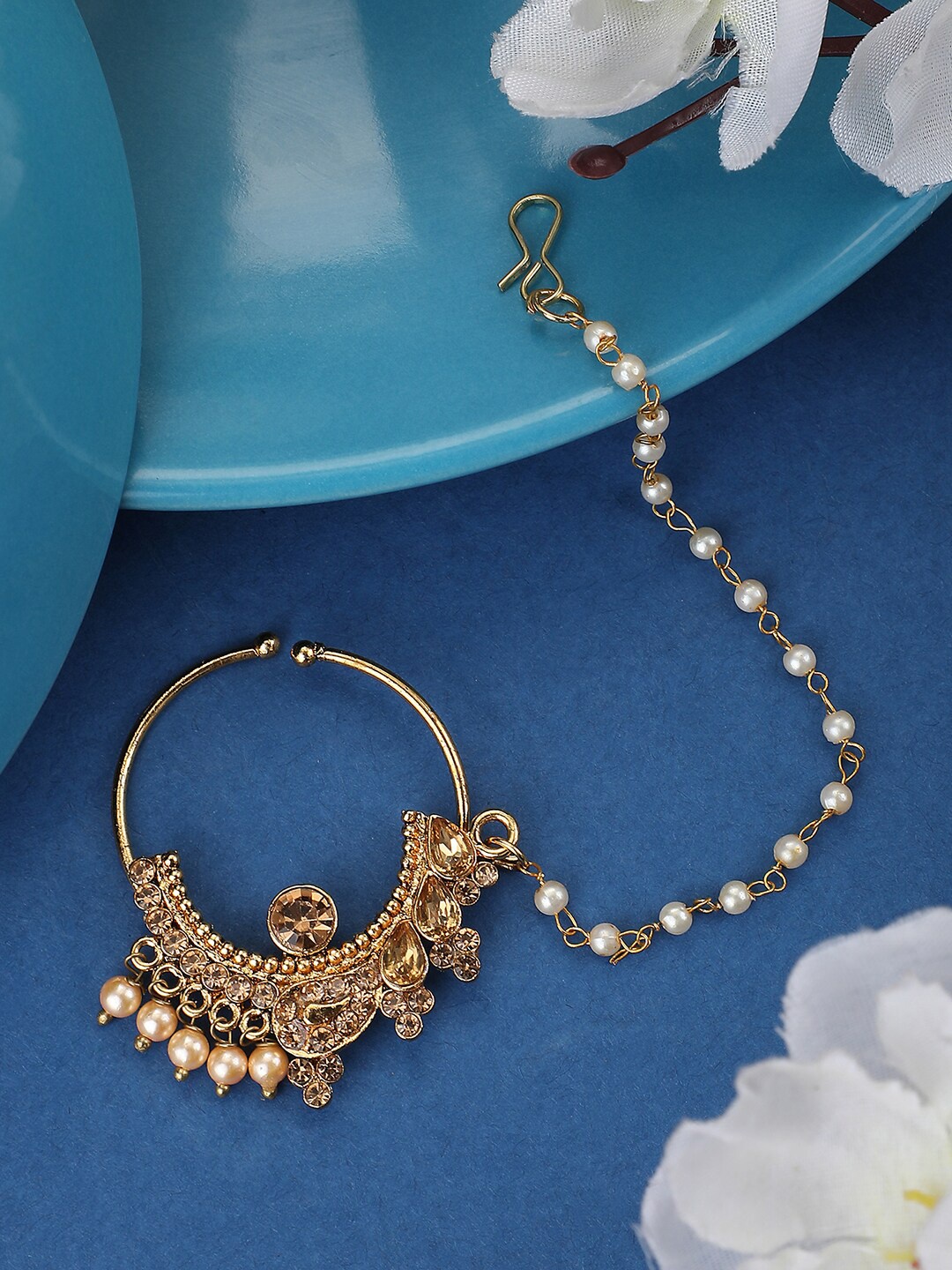 

ANIKAS CREATION Gold-Plated CZ-Studded Clip-On Nosepin With Beaded Extension