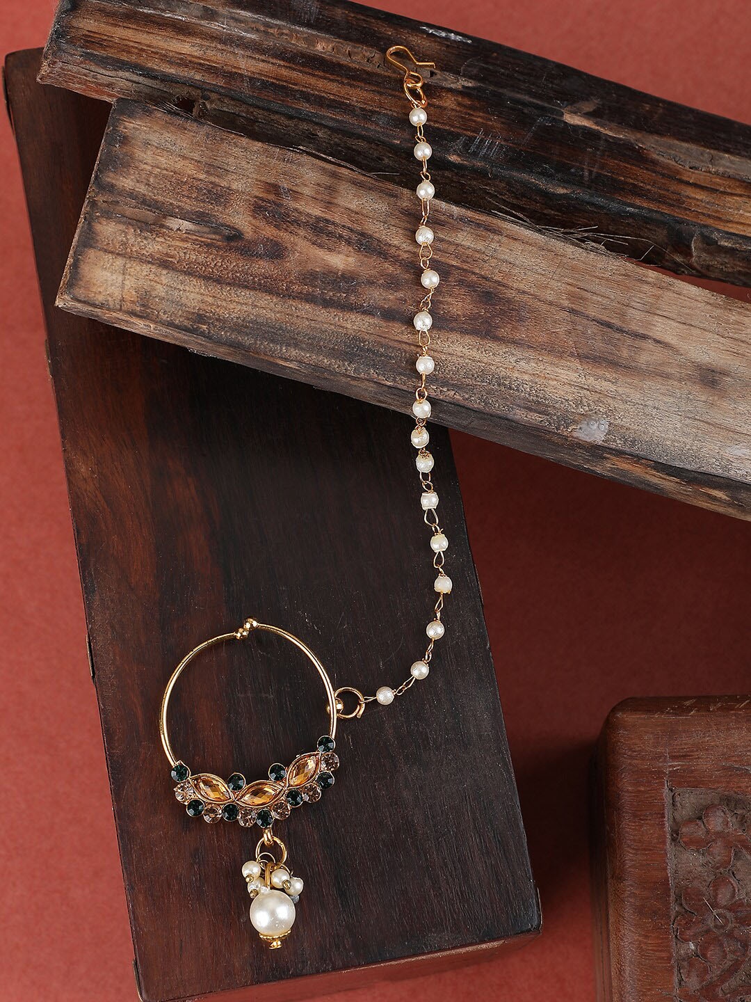 

ANIKAS CREATION Gold-Plated Pearl-Studded Clip-on Nosepin With Extension