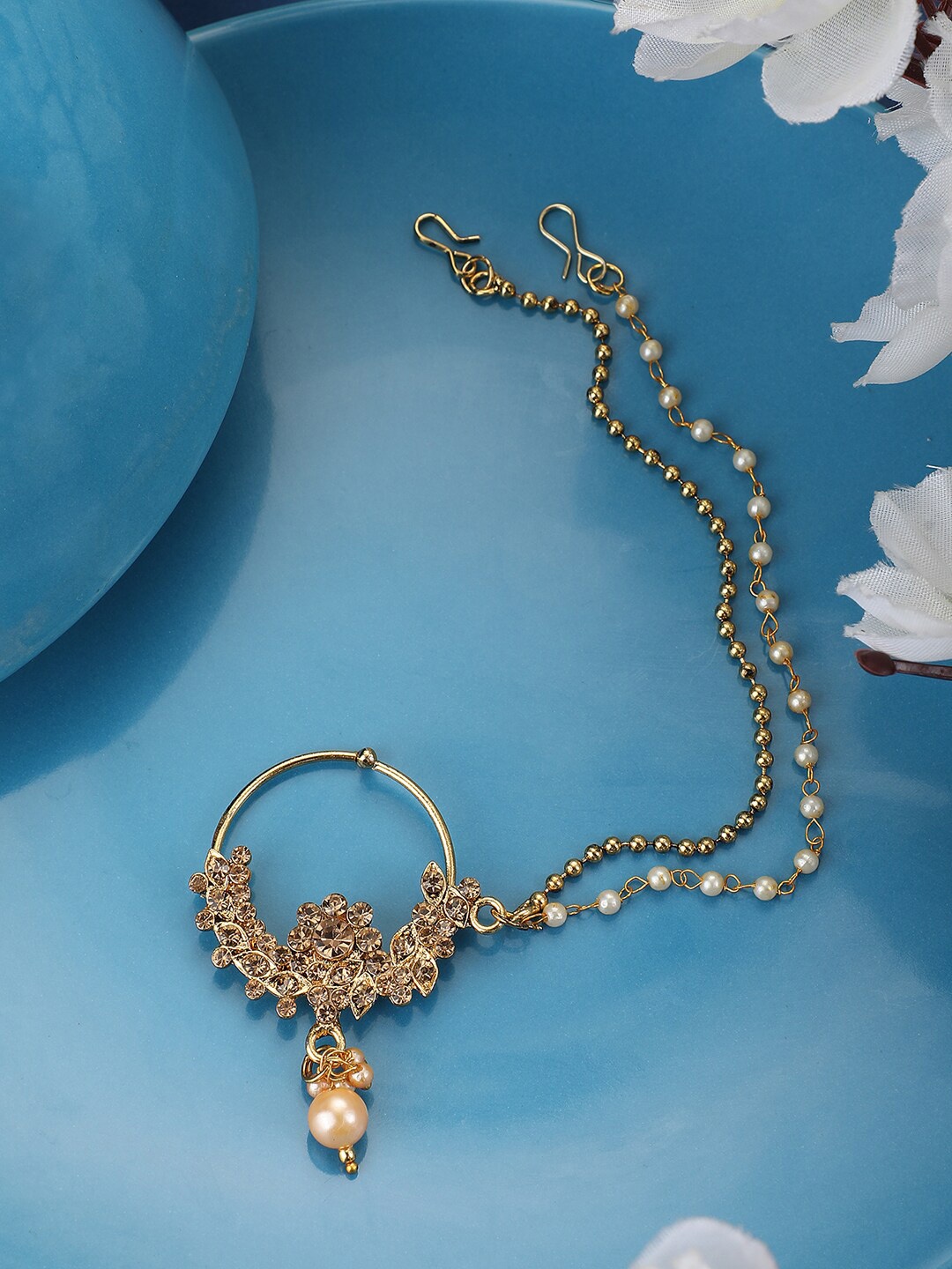 

ANIKAS CREATION Gold-Plated Stone-Studded Clip-on Nosepin With Pearl Extension, Yellow