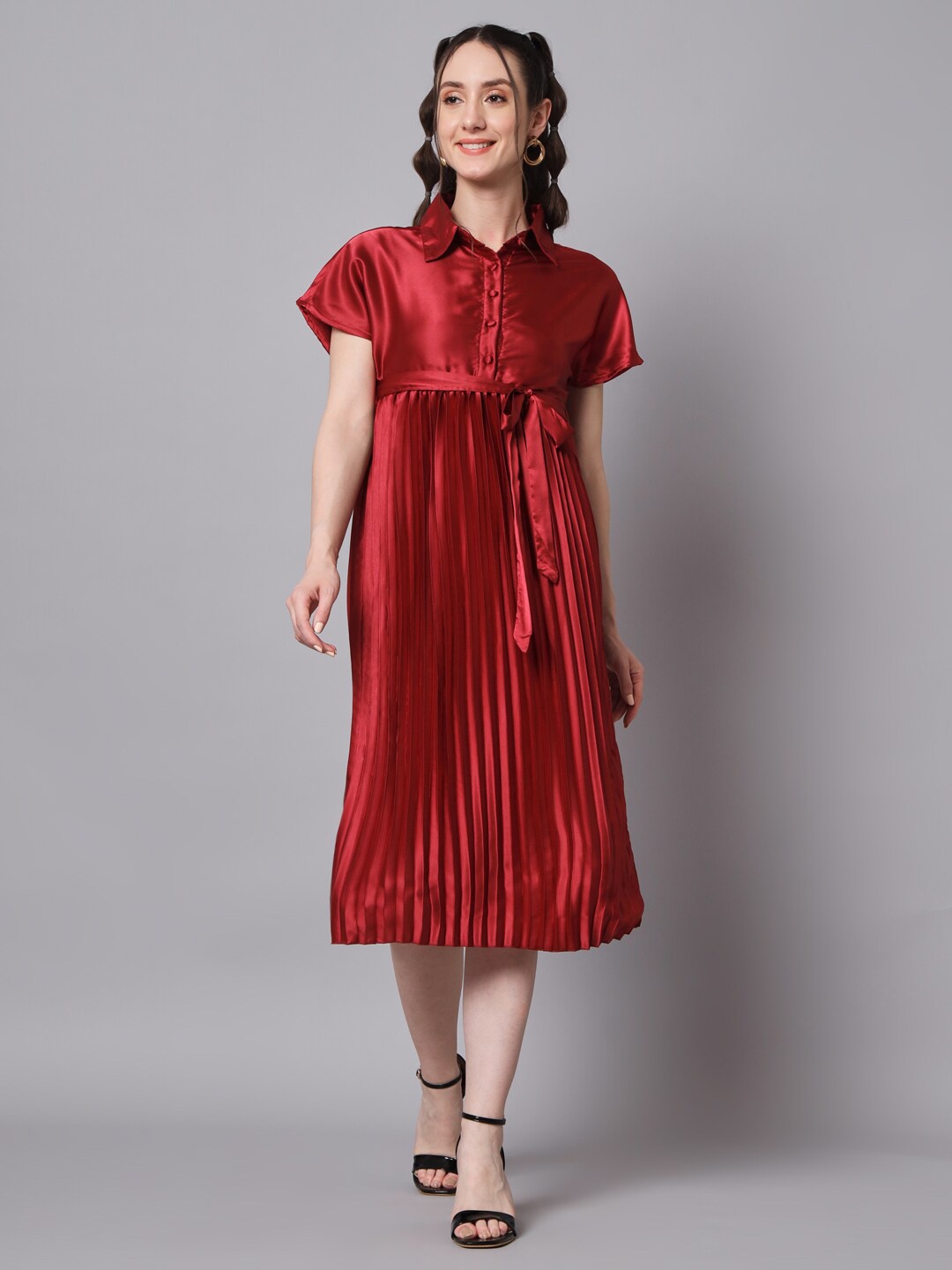 

The Dry State Shirt Collar Accordion Pleats Tie Up Satin Shirt Midi Dress, Red