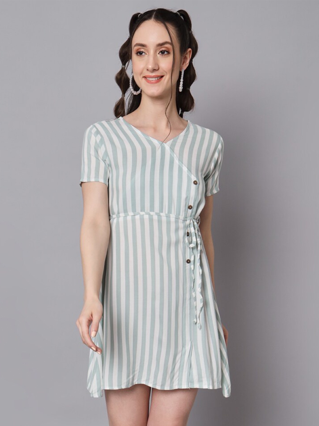 

The Dry State V-Neck Striped Tie Up Wrap Dress With Belt, Green