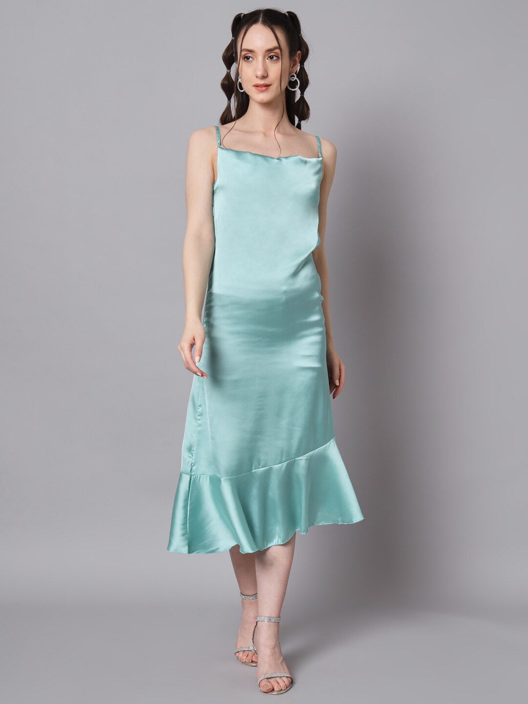 

The Dry State Shoulder Straps Ruffled Satin A-Line Midi Dress, Green