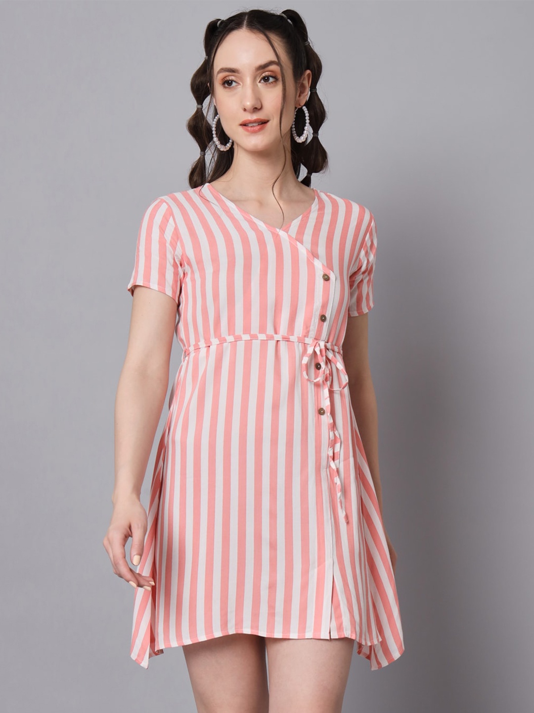 

The Dry State V-Neck Striped Tie Up Wrap Dress With Belt, Pink