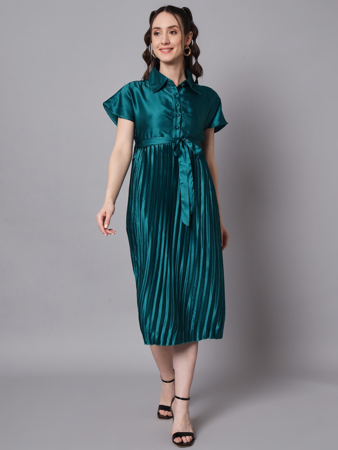 

The Dry State Shirt Collar Accordion Pleats Tie Up Satin Shirt Midi Dress, Blue